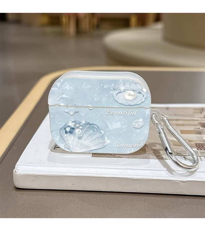 AirPods 3 Plastic Case Light Blue With Pearl Seashell Decor Silver Carabiner Clip - Image 3