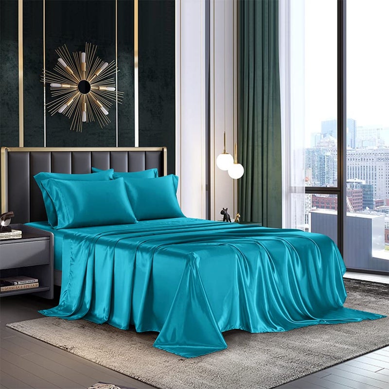 AiMay 6 Piece Satin Bedding Sheet Set King Teal Deep Pocket 1800 Series Luxury Rich Silk Silky Super Soft Solid Color 4 Pillowcases Honeymoon Wrinkle Free KingTeal