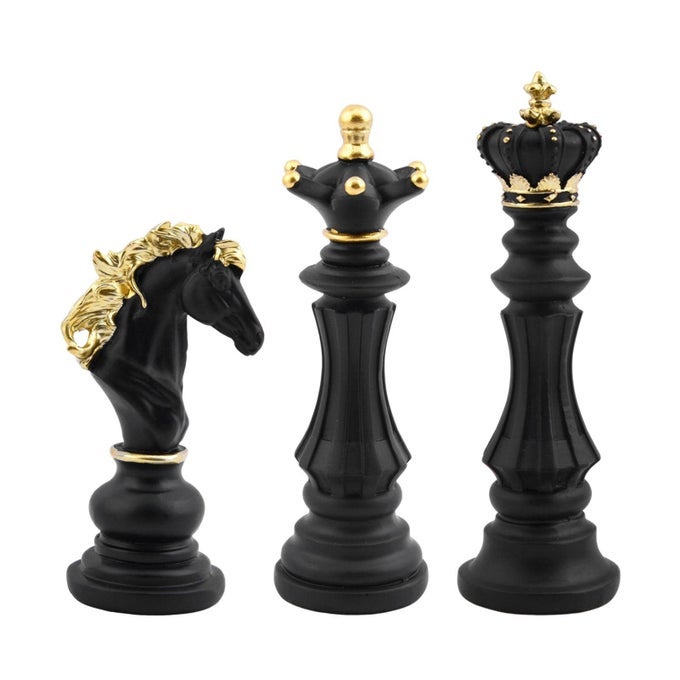 3pcs Small Chess Statue Decor Set Resin Figurine Chess Piece King Queen Knight Set for Office Home Study Black