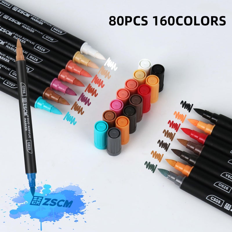 ZSCM 160 Colors Dual Tip Acrylic Paint Markers, 80Pcs Dual-Colors Brush Tip Paint Pens Stocking Stuffers for Rock, Wood, Fabric, Glass, Ceramic, Christmas Gifts for DIY Crafts Art Supplies - Image 2