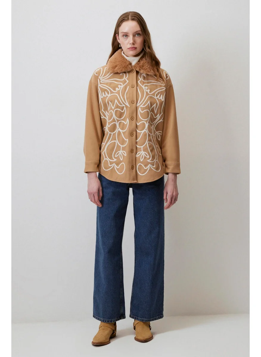 Touche Embroidered Cashmere Shirt with Fur Collar