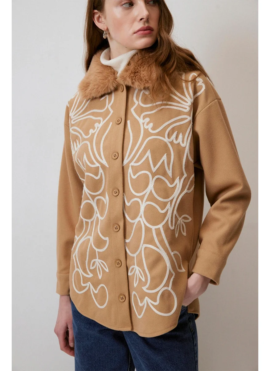 Touche Embroidered Cashmere Shirt with Fur Collar