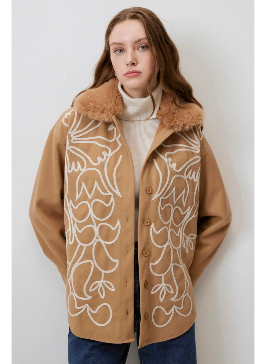 Touche Embroidered Cashmere Shirt with Fur Collar