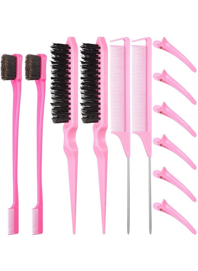 Remerry 12 Pieces Hair Brush Set Nylon Teasing Hair Brushes 3 Row Salon Teasing Brush Double Sided Hair Edge Brush Smooth Comb Grooming Rat Tail Combs With Duckbill Clips For Women Girls (Pink) - Image 2