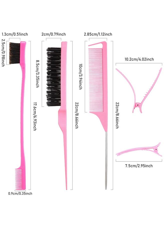 Remerry 12 Pieces Hair Brush Set Nylon Teasing Hair Brushes 3 Row Salon Teasing Brush Double Sided Hair Edge Brush Smooth Comb Grooming Rat Tail Combs With Duckbill Clips For Women Girls (Pink) - Image 3