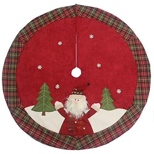 Sunnyglade 48 Christmas Tree Skirt DoubleLayer Design Santa Pattern Burlap Christmas Tree Skirt with Buffalo Plaid Edges for Xmas Holiday Decorations Plaid
