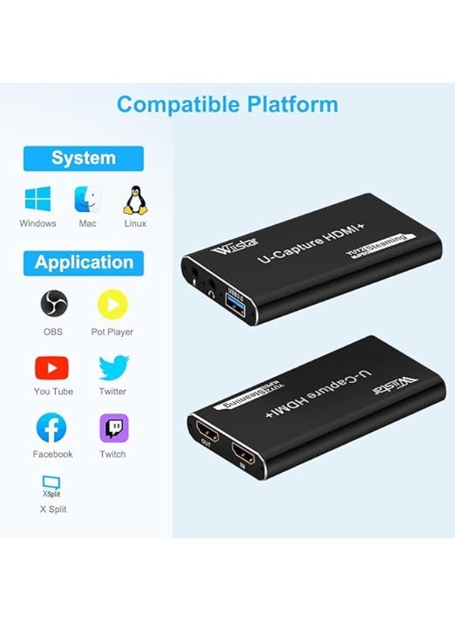 4K Audio Video Capture Card with HDMI Loop-Out and Microphone Input HDMI to USB 3.0 1080P Video Recording Card for Live Streaming Gaming Broadcasting TV Recorder - Image 3