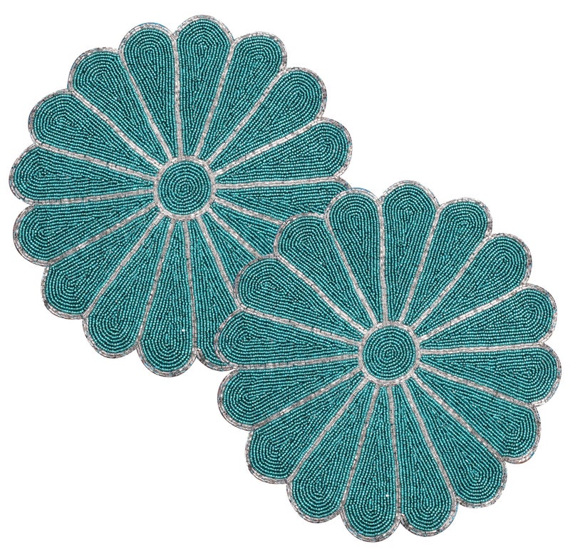 Alpha Living Home ALPHA Living HOME Handmade 13 Round Beaded Placemat Set  Elegant TealSilver Dining Table Decor for Gatherings Weddings  Special Occasions Pack of 2 
