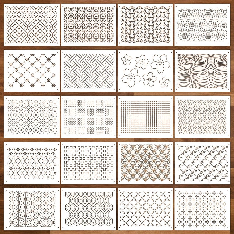 20 Pcs Plastic Sashiko Stencil 83 x 59 Inch Sashiko Template Drawing Line Quilting Stencil Geometric Embroidery Pattern Stabilizers for Sewing Hand Quilting and Embroidery