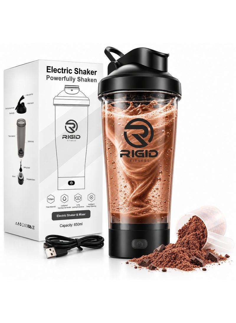 RIGID FITNESS Electric Protein Shaker Bottle, 100% Leakproof - USB Rechargeable, Wish Made of Safe Material - BPA Free - 650ml (Black) - Image 1