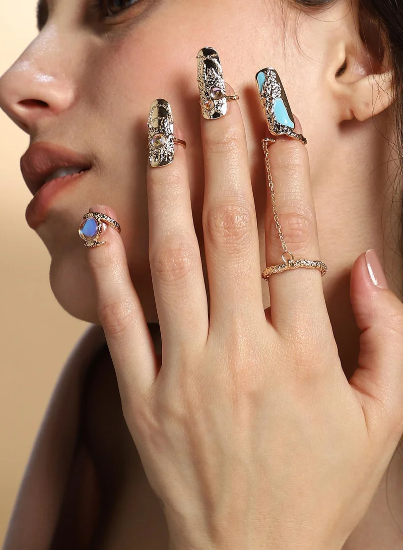 سوهي طقم خواتم أظافر نسائية بالياسمين لون كاليفورنيا ٤ قطع حجر صناعي معدن قابل للتعديل