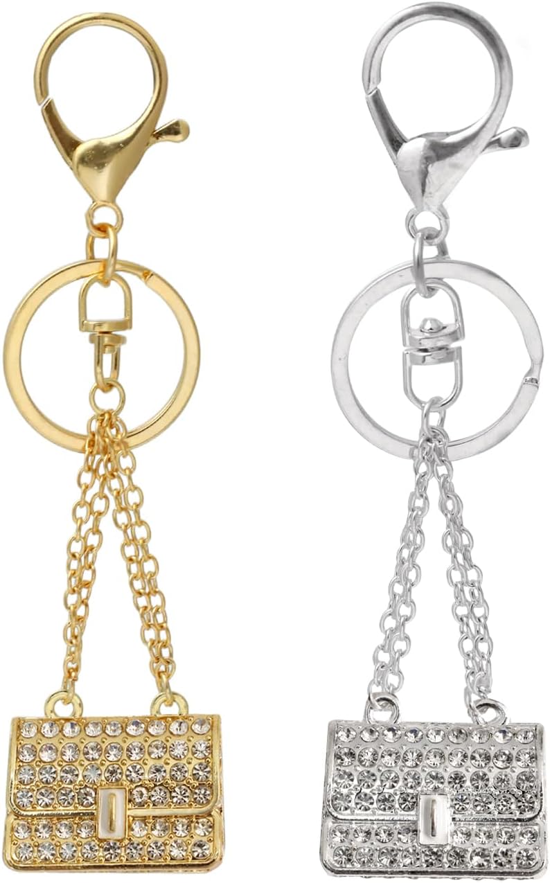 Gabrella 2 Pcs Fashion Rhinestone bag Shape Keychain, Bling Mini Bag Pendant Keyring, Lovely Handbag Decoration Car Key Decoration for Girls Women Girlfriend, Gold Silver, 1.18"L x 1.18"W x 0.06"H - Image 1