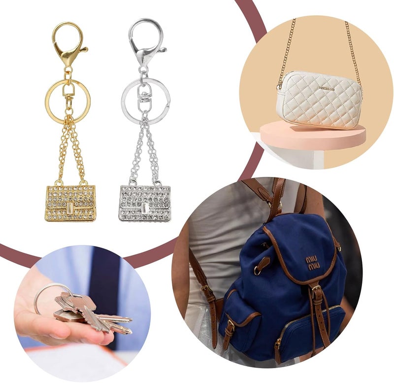 Gabrella 2 Pcs Fashion Rhinestone bag Shape Keychain, Bling Mini Bag Pendant Keyring, Lovely Handbag Decoration Car Key Decoration for Girls Women Girlfriend, Gold Silver, 1.18"L x 1.18"W x 0.06"H - Image 4