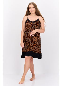 Women All Over Printed Sleeveless Sleepwear Dress, Brown