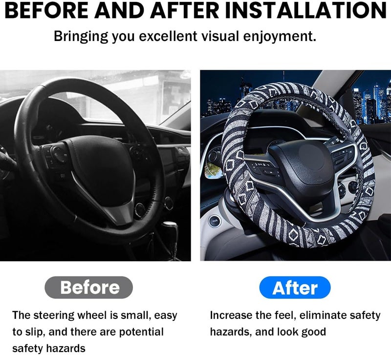 JNNJ Vehicle Steering Wheel Cover, Ethnic Style Coarse Flax Cloth Car Steering Wheel Covers, Anti-Slip And Sweat Absorbing Steering Wheel Cover for Cars, SUVs, Vans, Trucks, Universal(E model) - Image 4