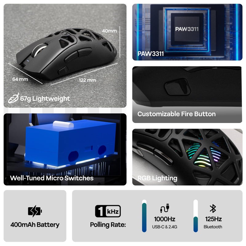 MechLands Aula SC620 Gaming Mouse, 2.4G/USB-C/BT Wireless Mouse with 400mAh Battery, Adjustable 12,000 DPI & 1000 Polling Rate, PAW3311 Sensor, RGB Lighting, Programmable Buttons, for Win/Mac (Black) - Image 3