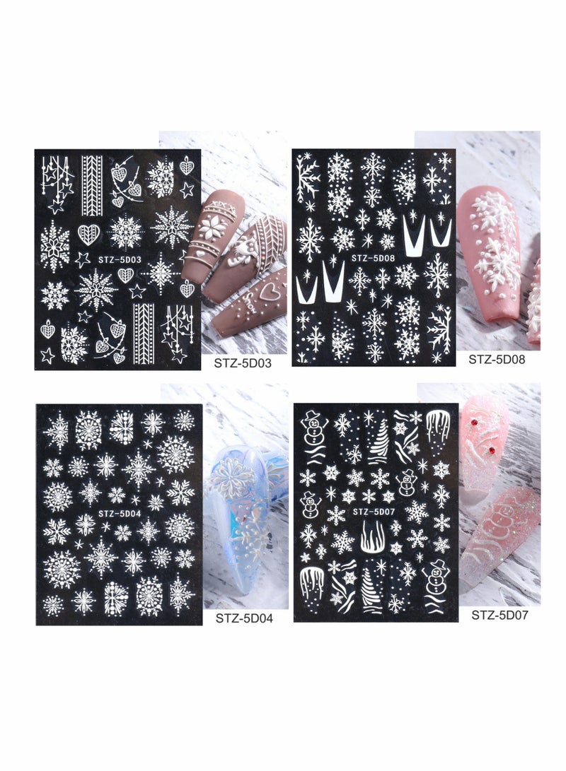 Snowflake Nail Art Sticker Decals 5D Embossed White Self Adhesive Supplies Decoration Lattice Elk Classic Autumn Winter Acrylic Nails Design 8 Sheets - Image 2