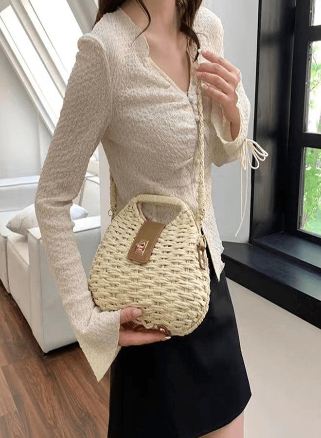 Buric Straw Clutch Purses for Women,Rattan Woven Beach Handbag,Summer Wicker Vacation Purse with Detachable Strap Basket Crossbody Bag Beige - Image 3
