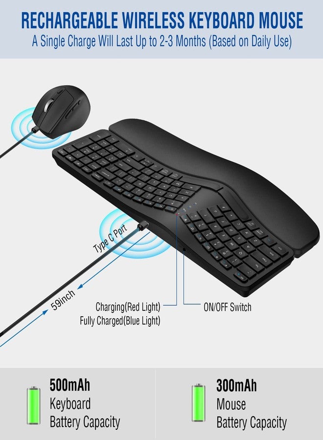 QUASIO MK960 Ergonomic Wireless Keyboard Mouse Combo, Bluetooth/2.4G Split Design Keyboard with Palm Rest and 4 Level DPI Adjustable Wireless Mouse, Multi-Device, Rechargeable, for Windows/Mac/Android - Image 4