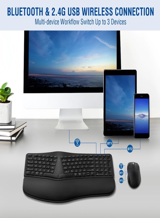 QUASIO MK960 Ergonomic Wireless Keyboard Mouse Combo, Bluetooth/2.4G Split Design Keyboard with Palm Rest and 4 Level DPI Adjustable Wireless Mouse, Multi-Device, Rechargeable, for Windows/Mac/Android - Image 3