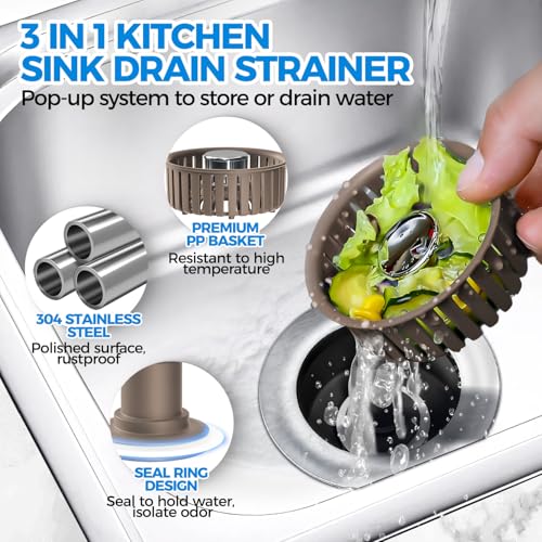 zaa Upgraded 3in1 Kitchen Sink Drain Strainer & Sink Stopper, Stainless Steel Kitchen Drain Plug & Cover with Anti-Clogging Basket Strainer, Fit US Standard 3-1/2'' Sink Drain Hole, Brown - Image 2
