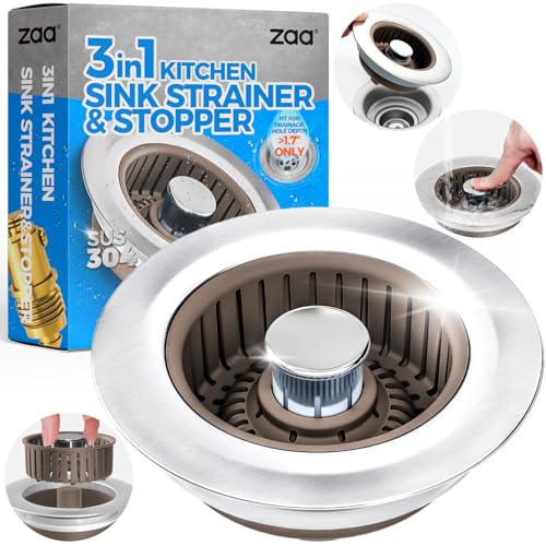 zaa Upgraded 3in1 Kitchen Sink Drain Strainer & Sink Stopper, Stainless Steel Kitchen Drain Plug & Cover with Anti-Clogging Basket Strainer, Fit US Standard 3-1/2'' Sink Drain Hole, Brown - Image 1