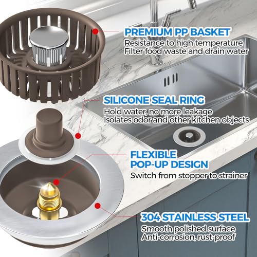 zaa Upgraded 3in1 Kitchen Sink Drain Strainer & Sink Stopper, Stainless Steel Kitchen Drain Plug & Cover with Anti-Clogging Basket Strainer, Fit US Standard 3-1/2'' Sink Drain Hole, Brown - Image 5
