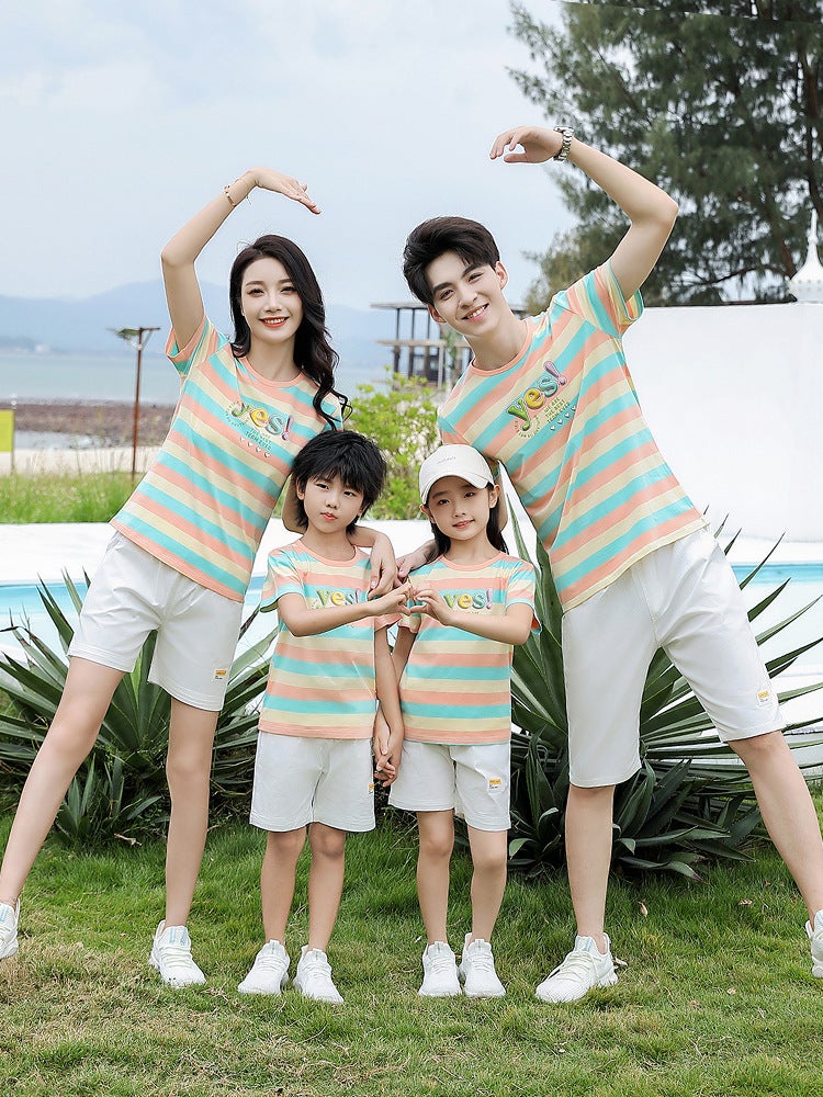 Internet Celebrity 2025 Family Summer Clothing Stripesd Short-Sleeved T-Shirt For A Family Of Three, Four And Five Pure Cotton Mother And Child Suit - Image 2