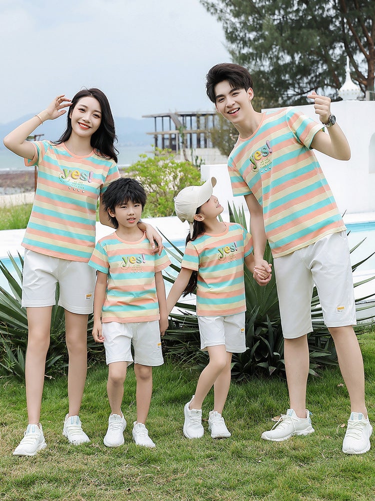 Internet Celebrity 2025 Family Summer Clothing Stripesd Short-Sleeved T-Shirt For A Family Of Three, Four And Five Pure Cotton Mother And Child Suit - Image 3