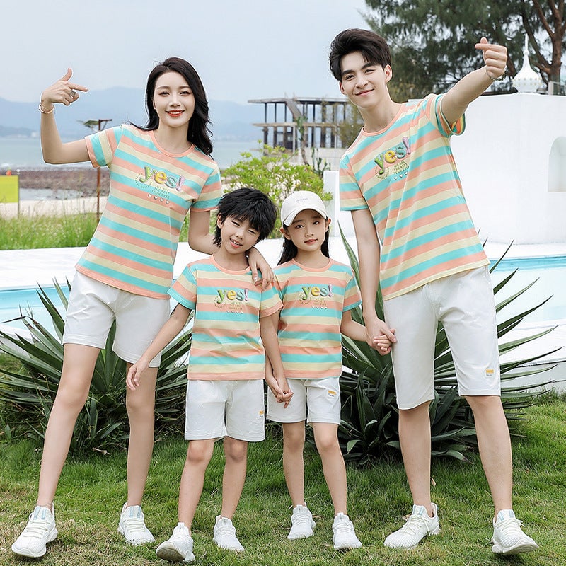 Internet Celebrity 2025 Family Summer Clothing Stripesd Short-Sleeved T-Shirt For A Family Of Three, Four And Five Pure Cotton Mother And Child Suit - Image 1
