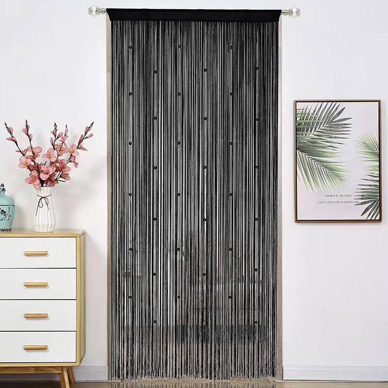 HSYLYM Beaded Curtain Beads Door String Curtains Ideal for Living Room Decor Wall Hanging Fringe Doorway Divider Bedroom Backdrop Hippie Window Closet Privacy Rod Pocket Dense (100x200cm Black) - Image 1