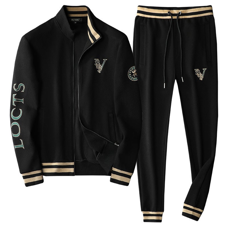 Mens Casual Sports Suit Embroidered Stand Collar Cotton Set Black
