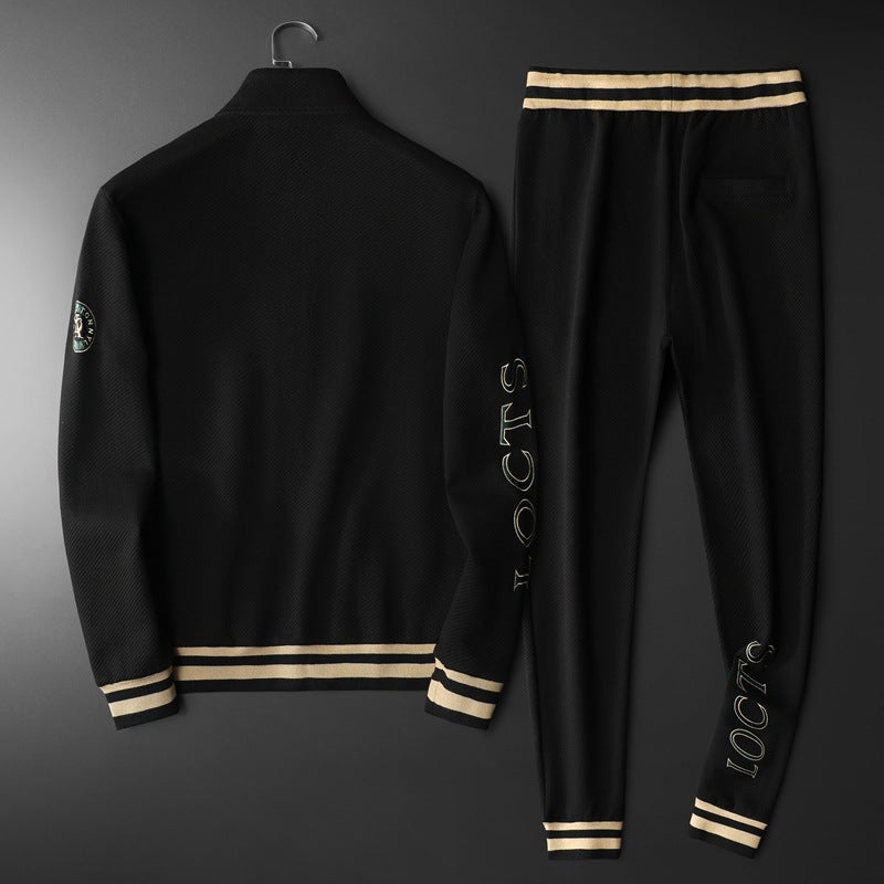 Mens Casual Sports Suit Embroidered Stand Collar Cotton Set Black