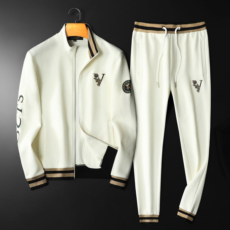 Mens Casual Sports Suit Embroidered Stand Collar Cotton Set Black