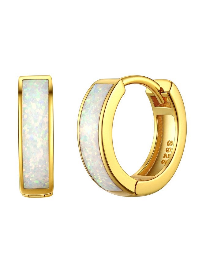 ChicSilver Opal Huggie Earrings 18K Gold Plated White Opal Hinged Hoop Earrings Sterling Silver Small Hoops For Women Ladies Hypoallergenic Round Sleeper Earrings - Image 1