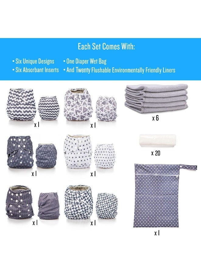 سيمبل بيينغ Reusable Cloth Diapers, 6 Pack Pocket Adjustable Size, Waterproof Cover, 6 Inserts, Wet Bag, Double Gusset (Grey Scales) - Image 5