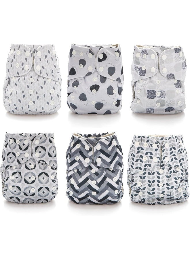 سيمبل بيينغ Reusable Cloth Diapers, 6 Pack Pocket Adjustable Size, Waterproof Cover, 6 Inserts, Wet Bag, Double Gusset (Grey Scales) - Image 3
