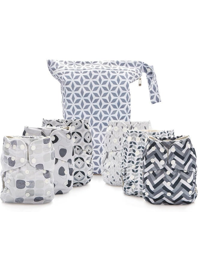 سيمبل بيينغ Reusable Cloth Diapers, 6 Pack Pocket Adjustable Size, Waterproof Cover, 6 Inserts, Wet Bag, Double Gusset (Grey Scales) - Image 1