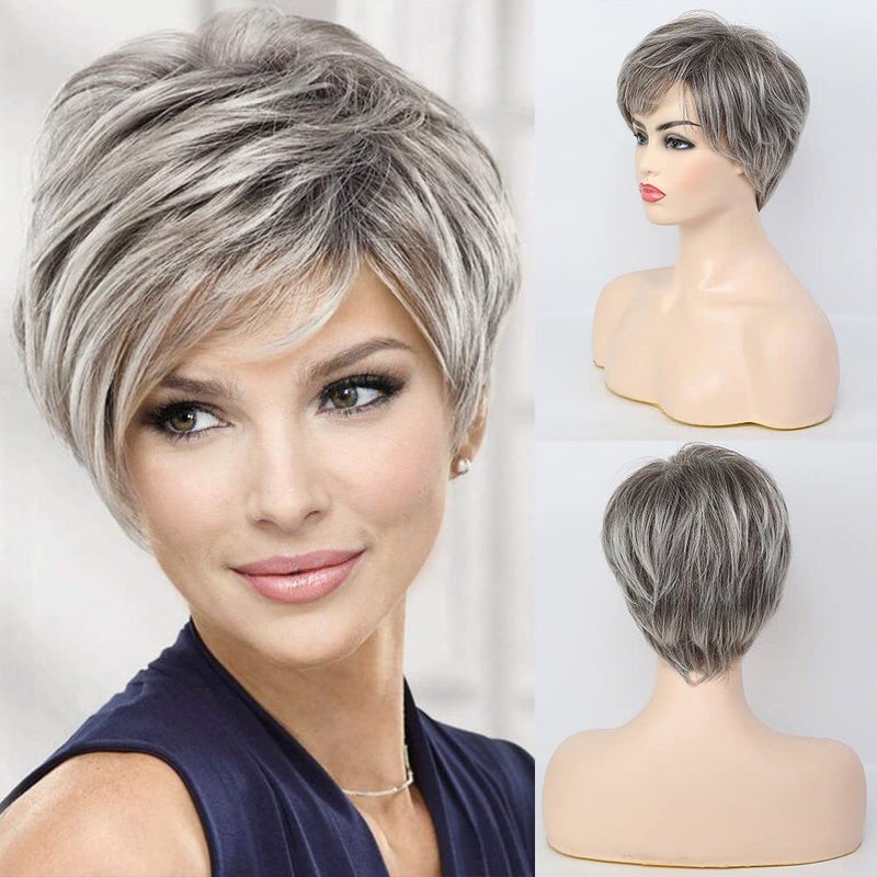 EMMOR Short Grey Human Hair Blend Synthetic Fiber Wigs for WomenNatural Hair Daily Pixie Cut Wig SofterFinerLightweight