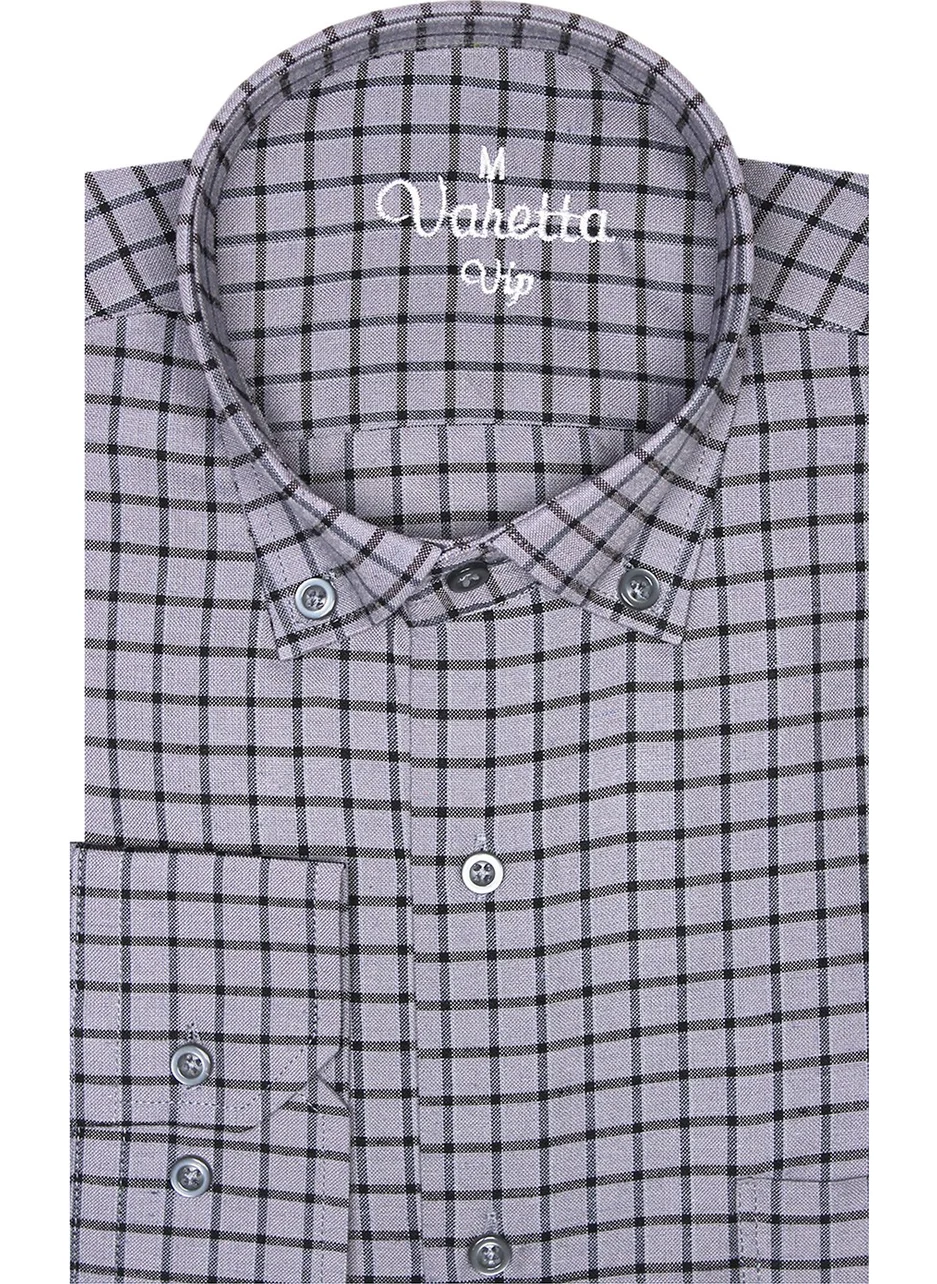 Varetta Men's Gray Long Sleeve Plaid Checkered Classic Cut Collar Buttoned Pocket Shirt