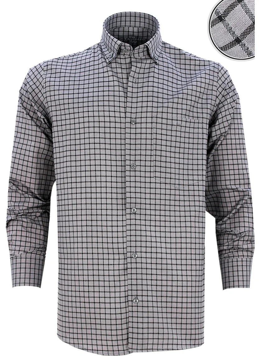 Varetta Men's Gray Long Sleeve Plaid Checkered Classic Cut Collar Buttoned Pocket Shirt
