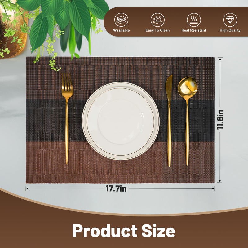 flohar Placemats Set of 6ï¼ŒNon-Slip PVC Weave Table Mats Easy to Cleanï¼ŒHeat Resistant Place Mats for Kitchen Dining Table Decoration Indoor Outdoorï¼ŒBlack Brown - Image 2