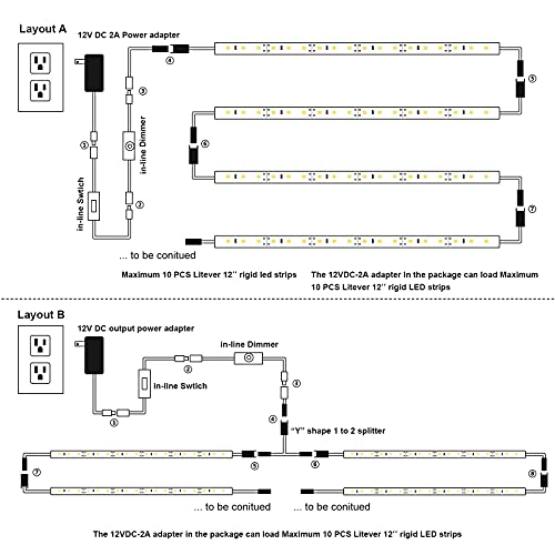 Litever Under Cabinet LED Lighting Kit for Kitchen Cabinets Counter Shelf Bookcase Closet. 6 PCS 12 Inches LED Light Strip with Adapter Switch Dimmer Extension Cable. Plug in. Dimmable. Daylight White 5000K. - Image 4