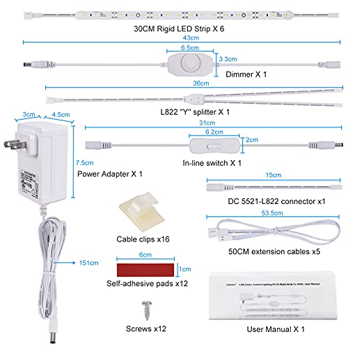 Litever Under Cabinet LED Lighting Kit for Kitchen Cabinets Counter Shelf Bookcase Closet. 6 PCS 12 Inches LED Light Strip with Adapter Switch Dimmer Extension Cable. Plug in. Dimmable. Daylight White 5000K. - Image 3