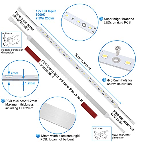 Litever Under Cabinet LED Lighting Kit for Kitchen Cabinets Counter Shelf Bookcase Closet. 6 PCS 12 Inches LED Light Strip with Adapter Switch Dimmer Extension Cable. Plug in. Dimmable. Daylight White 5000K. - Image 5