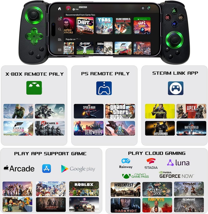 arVin Mobile Gaming Controller for iPhone Android with Phone CASE Support & Green Light, Wireless Gamepad for iPhone/iPad/Samsung/Tablet/Switch/PS4/PC, Play Xbox Cloud Gaming/PS Remote Play/Steam Link - Image 4