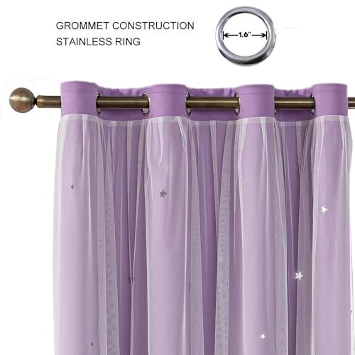 FANLI Ombre Rainbow Blackout Curtains for Kid Girls Bedroom Living Room Darking Stripe Double Layer Star Cut Out Wall Home Decor Gradient Grommet Window Curtains (Purple 84L) - Image 2