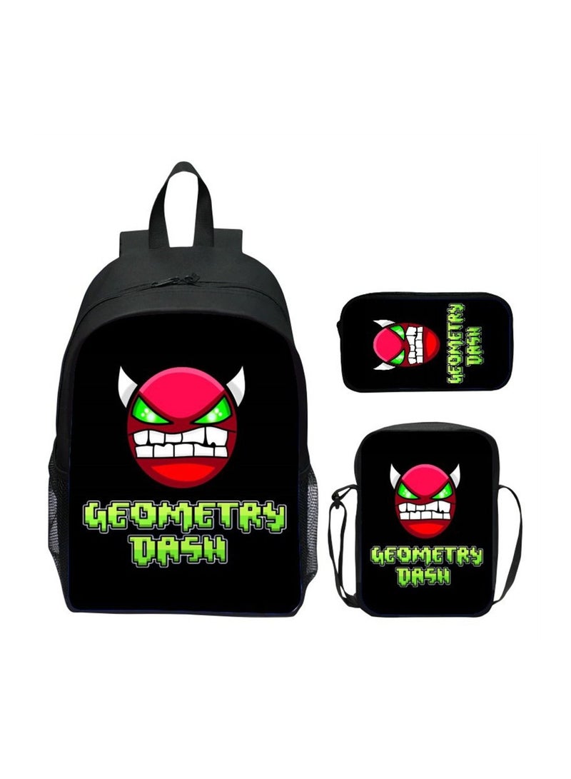 geometry dash Children Backpack Daypack Schoolbag Teen Boys School Book bag with Lunch Box Pen Case 3 in 1