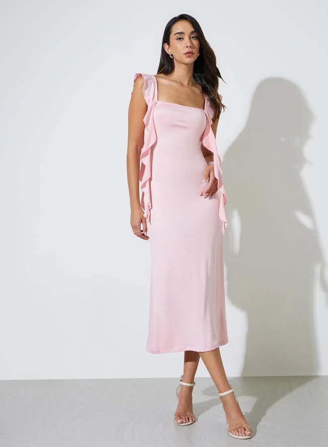 Styli Pink Sleeveless Midi Dress with Ruffles