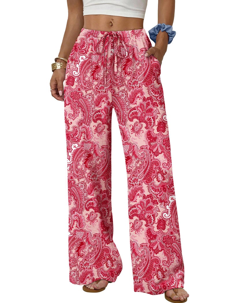 Sampeel Women's Clothing Boho Outfits Cute Vacation Beach Pants Summer Clothes 2026 Flowy Y2K Wide Leg Trousers Pink S - Image 1